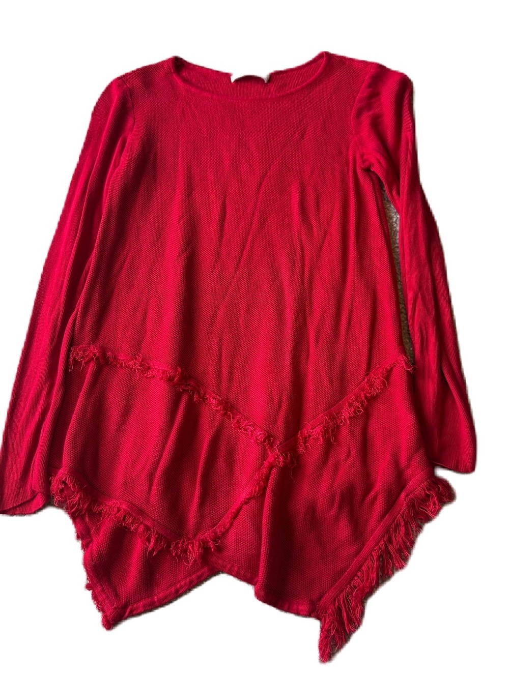 Joan Vass Red Fringe Hem Scoop Neck Sweater Small Asymmetrical